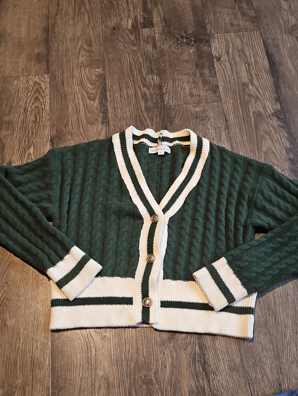Forest Green Cable Knit Cardigan Cream Contrast Trim Soft Xlarge Threaded Leaf